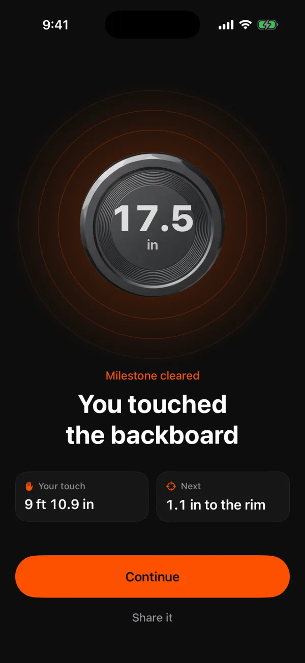 Milestone cleared: you touched the backboard. Your touch 9 ft 10.9 in, next 1.1 in to the rim