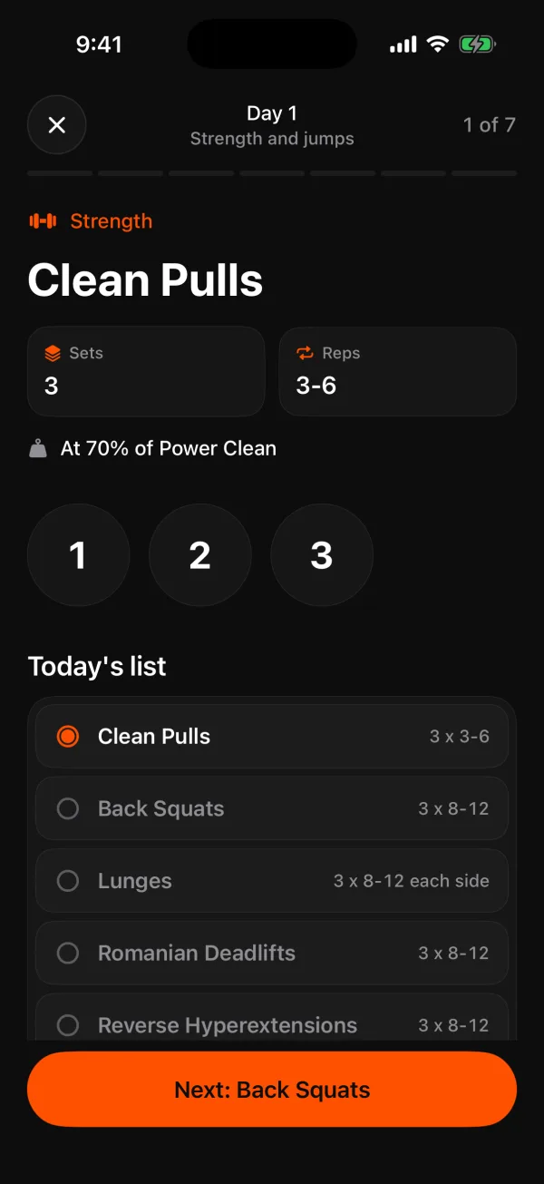 In a session: Clean Pulls, 3 sets of 3 to 6 reps, today's list